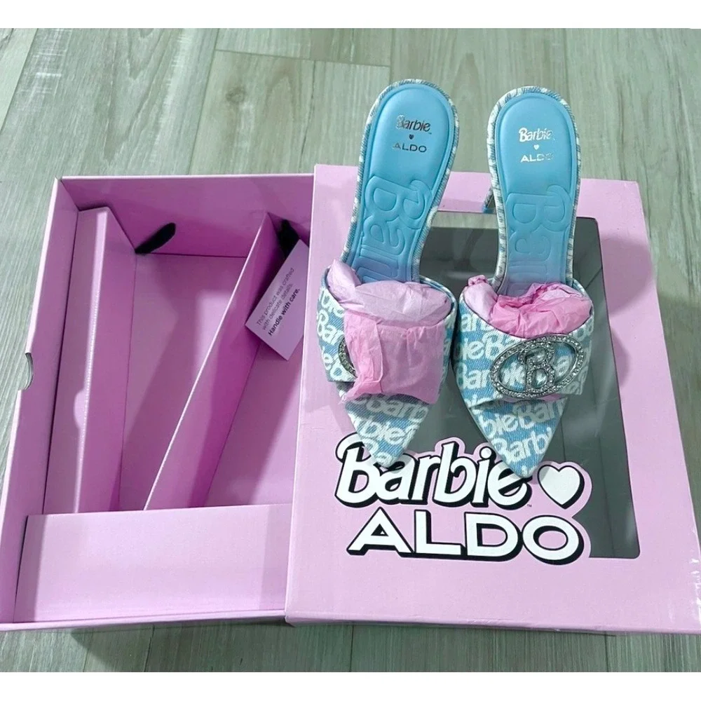 Aldo x Barbie Rhinestone Heels Sz 8.5 Sold Out Limited Edition Pink Logo Mules - Picture 8 of 9